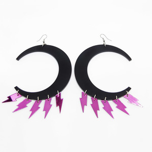 Σκουλαρίκια από plexiglass, με μαύρο ημικύκλιο και ροζ αστραπές - μακριά, plexi glass, κρεμαστά, μεγάλα, faux bijoux