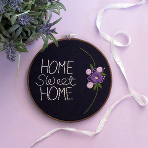 Τελάρο κεντήματος bamboo 20εκ "home sweet home" σε μπλε ύφασμα - ύφασμα, κεντητά, διακοσμητικό, δώρο, τοίχου, κορδόνια, romantic, είδη δώρου, τελάρα κεντήματος - 3