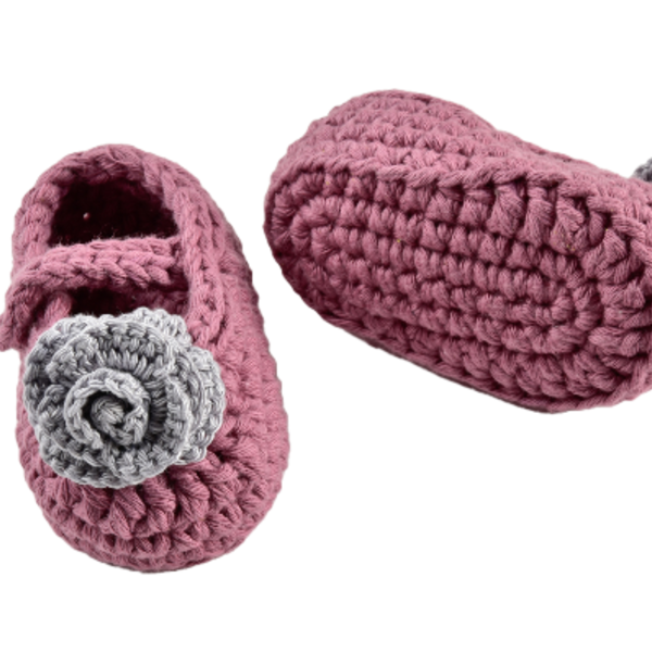 Πλεκτές μπαλαρίνες για μωρά σε σκούρο ροζ χρώμα 0 - 6 μηνών - βαμβάκι, δώρο, χειροποίητα, βρεφικά, αγκαλιάς - 2