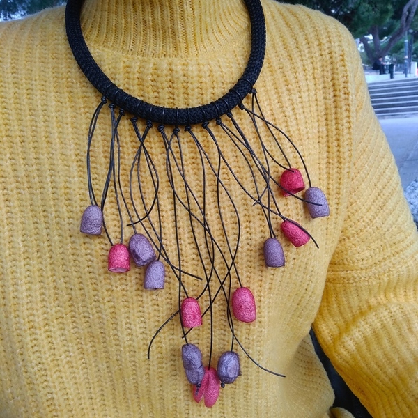 Silk cocoon statement necklace - δέρμα, ύφασμα, κορδόνια, μακριά - 4