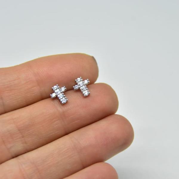 Μίνι σκουλαρίκια ασήμι 925 - ασήμι, σταυρός, καρφωτά, μικρά, νυφικά - 3