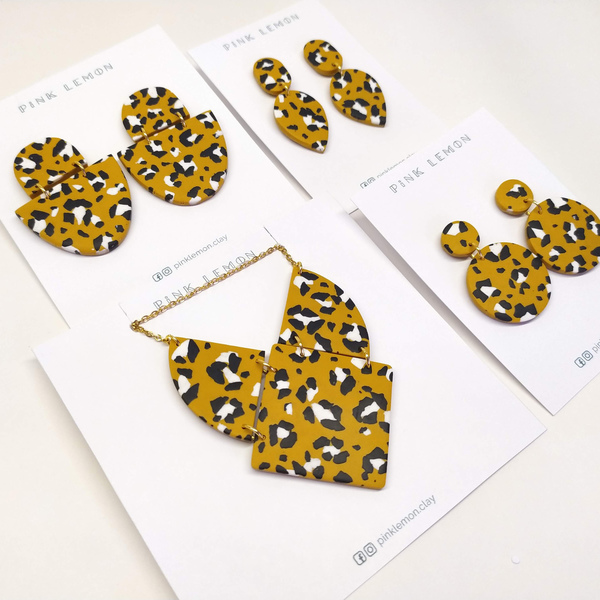 Μεγάλα Χειροποίητα σκουλαρίκια σε ώχρα με σχέδιο leopard | Pink Lemon - πηλός, μακριά, κρεμαστά, faux bijoux, πολυέλαιοι - 4