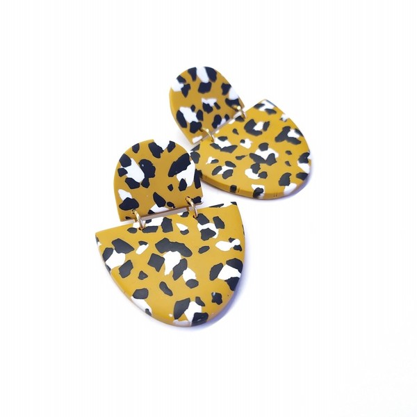 Μεγάλα Χειροποίητα σκουλαρίκια σε ώχρα με σχέδιο leopard | Pink Lemon - πηλός, μακριά, κρεμαστά, faux bijoux, πολυέλαιοι