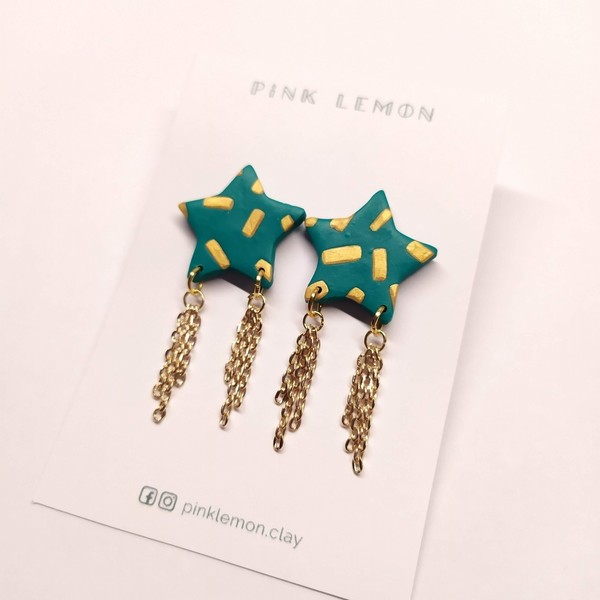 Χειροποίητα αστεράκια πράσινα με χρυσό μοτίβο και αλυσίδες | Pink Lemon - πηλός, μακριά, καρφωτά, faux bijoux, πολυέλαιοι - 3