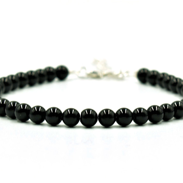 Black Onyx Χειροποίητο Κόσμημα Βραχιόλι Μαύρος Όνυχας Ασήμι S925 - ημιπολύτιμες πέτρες, όνυχας, χάντρες, χεριού, αυξομειούμενα