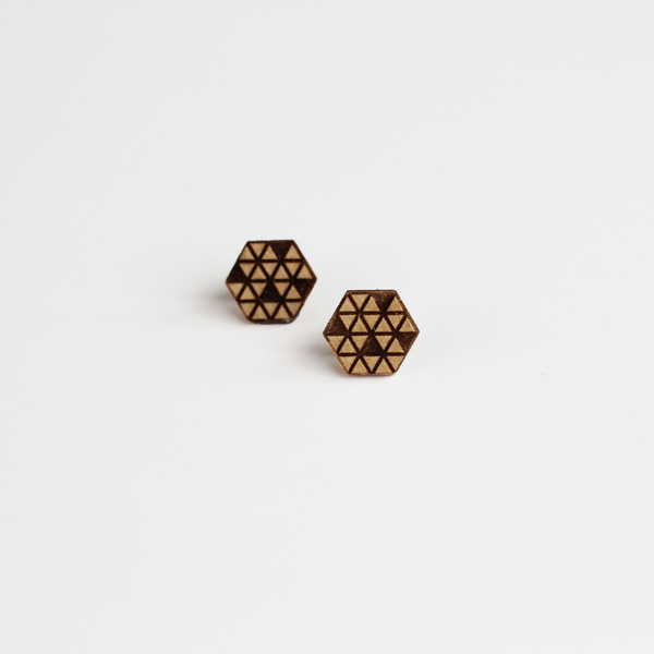 Ξύλινα stud / καρφωτά laser cut σκουλαρίκια - Hexagons - ξύλο, καρφωτά