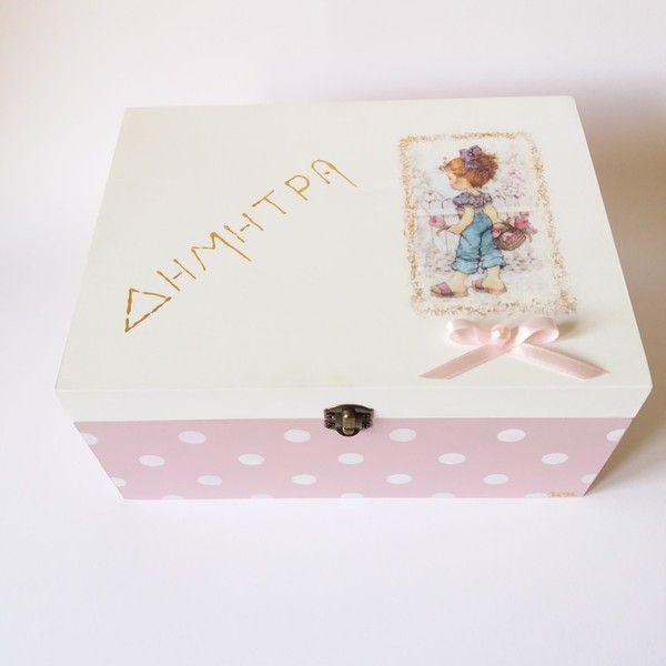 Κουτάκι ξύλινο κοριτσάκι ροζ λευκό πουά 23*11*17εκ. - κορίτσι, οργάνωση & αποθήκευση, δώρα γενεθλίων, κουτιά αποθήκευσης, δώρο γέννησης
