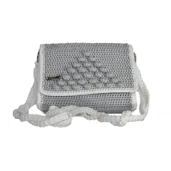 Πλεκτή τσάντα "Bubble" σε γκρι-λευκό χρώμα - ώμου, πλεκτές τσάντες, μικρές