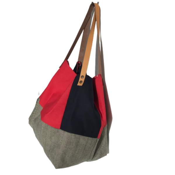Χειροποίητη τσάντα ώμου oversized διπλής όψης paxoi - δέρμα, ύφασμα, ώμου, διπλής όψης, μεγάλες, all day, tote - 2