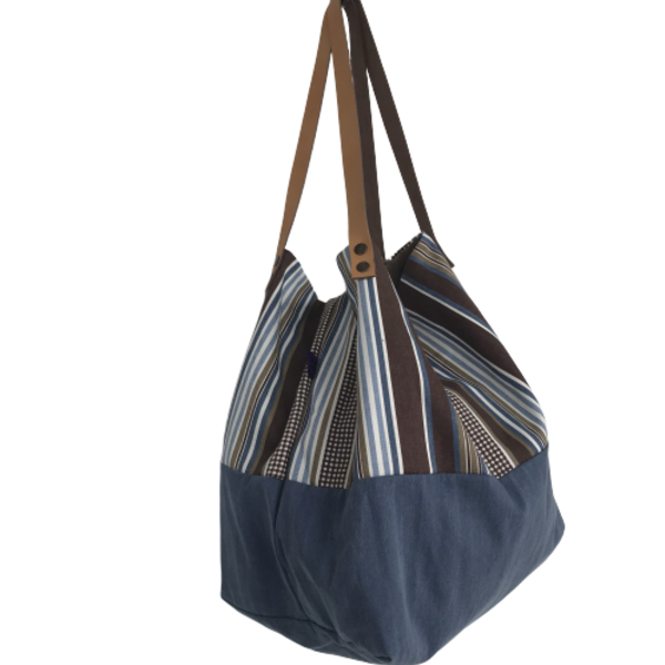 Χειροποίητη τσάντα ώμου oversized διπλής όψης creta - δέρμα, ύφασμα, ώμου, διπλής όψης, μεγάλες, καθημερινό, all day, tote