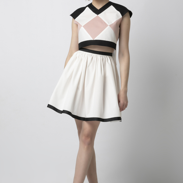 Άσπρη κλος φούστα από βαμβακερή ποπλίνα με μαύρες λεπτομέρειες - βαμβάκι, mini