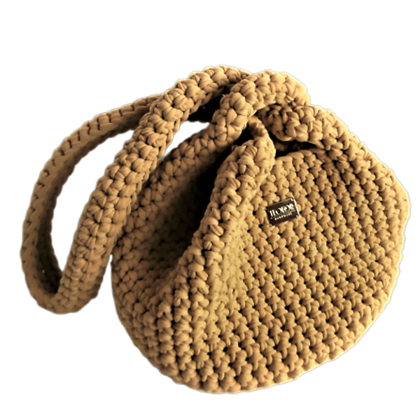 Pullthrough Bag, τσάντα με beige t-shirt yarn, Japanese Knot Bag - ώμου, χειροποίητα, πλεκτές τσάντες, μικρές