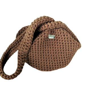 Pullthrough Bag, τσάντα με t-shirt yarn καφέ mink, Japanese Knot Bag και διαστάσεις της :27*30 - νήμα, ώμου, χειροποίητα, μεγάλες, πλεκτές τσάντες