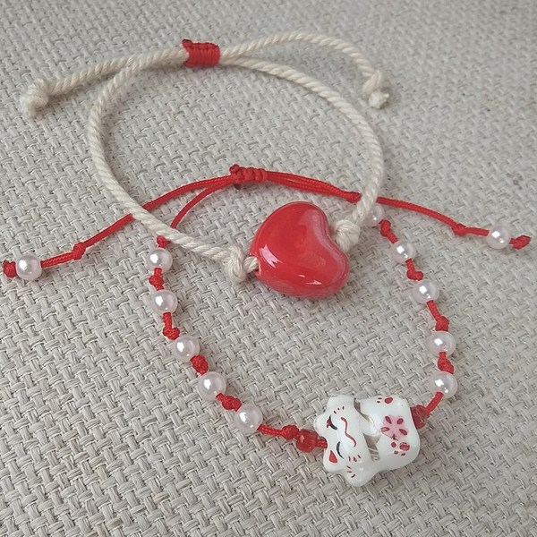βραχιόλι κόκκινη καρδιά και τυχερή γάτα, μαρτάκια αυξομειώμενα - charms, καρδιά, κορδόνια, χεριού, αυξομειούμενα - 2