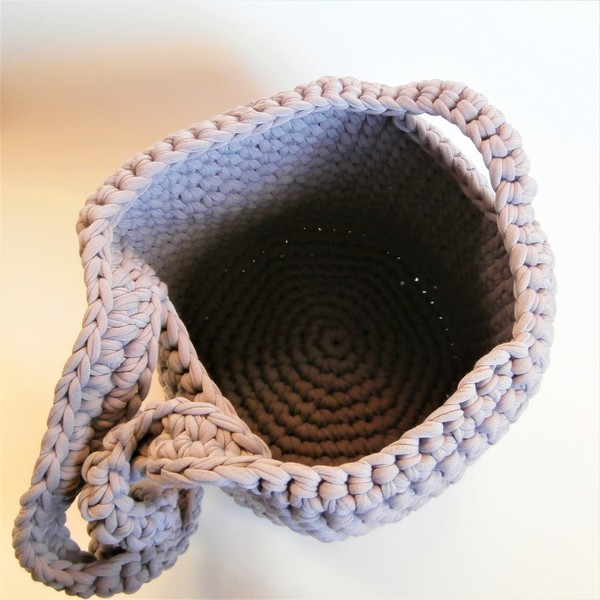 Pullthrough Bag, τσάντα με γκρι t-shirt yarn, Japanese Knot Bag - ώμου, crochet, χειροποίητα, πλεκτές τσάντες, μικρές - 4