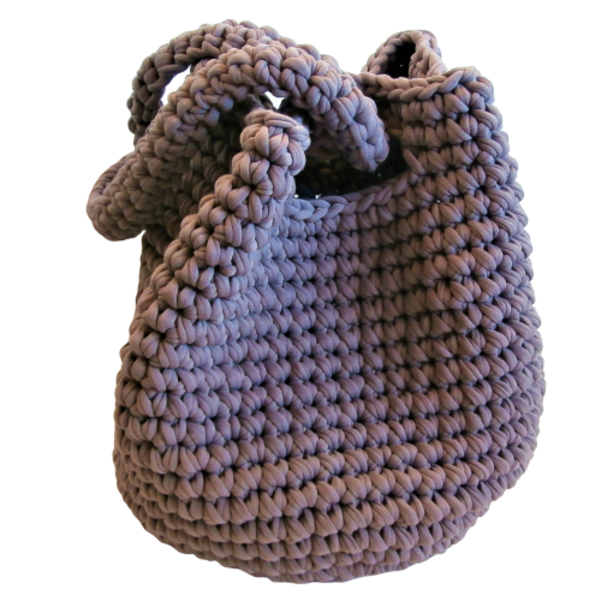 Pullthrough Bag, τσάντα με γκρι t-shirt yarn, Japanese Knot Bag - ώμου, crochet, χειροποίητα, πλεκτές τσάντες, μικρές - 2