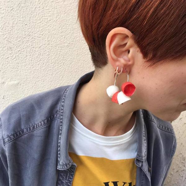 Red white silk cocoon earrings - κρίκοι, ατσάλι, boho - 3