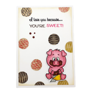 Ευχετήρια κάρτα (Γουρουνάκι που τρώει σοκολάτα) - κάρτα ευχών, γλυκά, ευχετήριες κάρτες