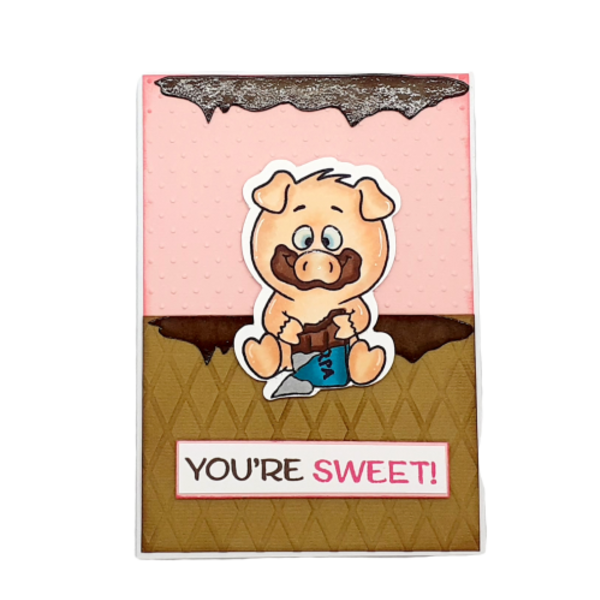 Ευχετήρια κάρτα - Γουρουνάκι με σοκολάτα - γλυκά, ευχετήριες κάρτες