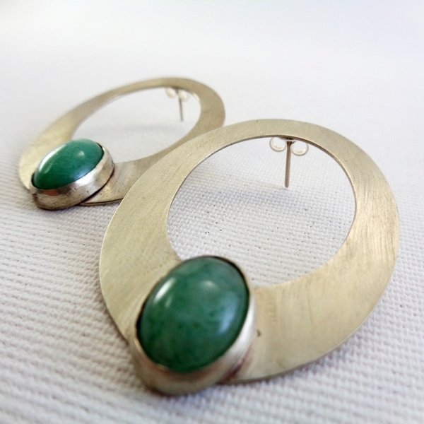 Ασημένια σκουλαρίκια με πράσινο Αχάτη - ασήμι, πέτρες, καρφωτά - 2
