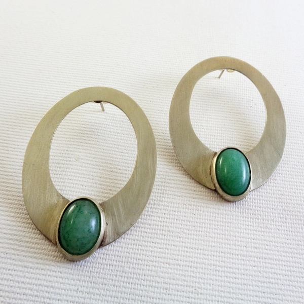 Ασημένια σκουλαρίκια με πράσινο Αχάτη - ασήμι, πέτρες, καρφωτά - 3