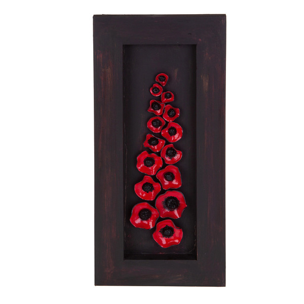 Λουλούδια κόκκινα από πηλό σε ξύλινη κορνίζα - πηλός, διακοσμητικά, ξύλινα διακοσμητικά τοίχου