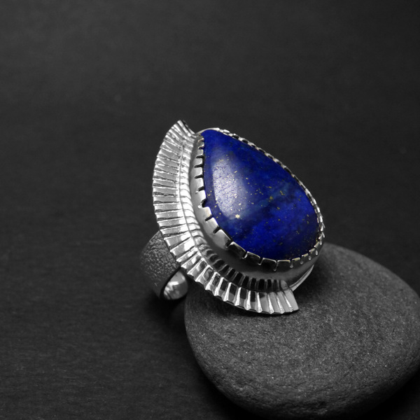 "Μagic lapis drop" - Χειροποίητο δαχτυλίδι, επάργυρο, με ημιπολύτιμο λίθο Lapis Lazuli σε σχήμα δάκρυ! - πέτρα, επάργυρα, αυξομειούμενα - 2