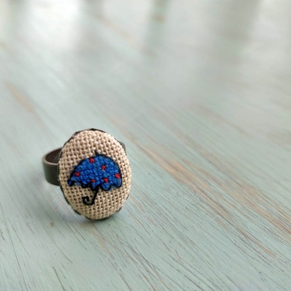 Ομπρελίτσα μπλε πουα, δαχτυλίδι κεντημένο σταυροβελονιά - κεντητά, μικρά, μπρούντζος, αυξομειούμενα, φθηνά - 2