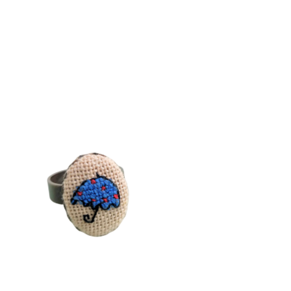 Ομπρελίτσα μπλε πουα, δαχτυλίδι κεντημένο σταυροβελονιά - κεντητά, μικρά, μπρούντζος, αυξομειούμενα, φθηνά
