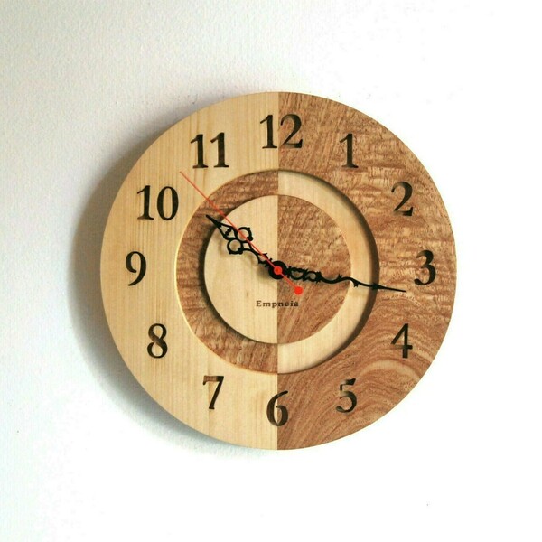 Ρολόι τοίχου από niangon και φλαμούρι - ξύλο, ξύλο, διακόσμηση, χειροποίητα, ξύλινα διακοσμητικά, ρολόγια - 3