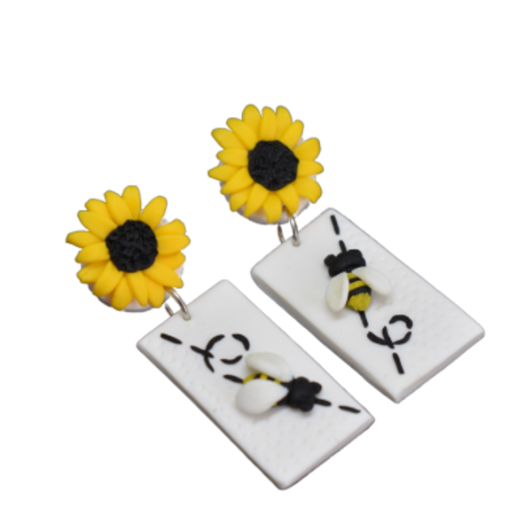 Σκουλαρίκια ήλιος με μελισσάκι - πηλός, λουλούδι, μικρά, ατσάλι, boho, κρεμαστά, φθηνά