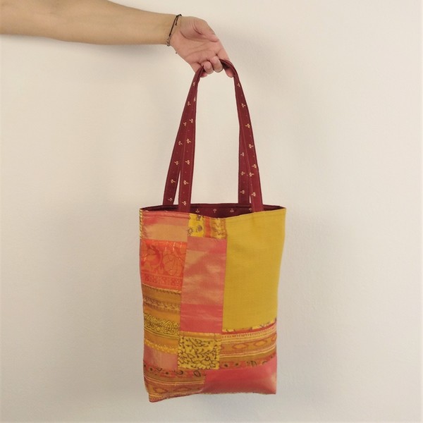 Tote Bag Πορτοκαλί Υφασμάτινη Τσάντα Ώμου Patchwork Διπλής Όψεως Μοναδικό Κομμάτι - ύφασμα, ώμου, μεγάλες, all day, tote, πάνινες τσάντες, φθηνές - 4