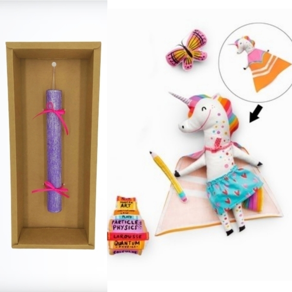 Πασχαλινή αρωματική glitter λαμπάδα με υφασμάτινη κούκλα unicorn και αξεσουάρ - ύφασμα, κορίτσι, λαμπάδες, μονόκερος, για παιδιά - 4