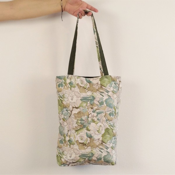 (***μικρό ελάττωμα) Tote Bag Πράσινη Υφασμάτινη Τσάντα Ώμου Patchwork Διπλής Όψεως - ύφασμα, ώμου, μεγάλες, all day, tote, πάνινες τσάντες, φθηνές - 3