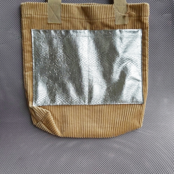 Τσάντα κοτλέ με ασημί δερμάτινη τσέπη - δέρμα, ύφασμα, ώμου, μεγάλες, all day, tote, πάνινες τσάντες, φθηνές - 2