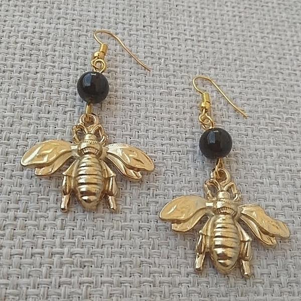 σκουλαρίκια χρυσές μέλισσες - γυαλί, επιχρυσωμένα, μικρά, κρεμαστά, faux bijoux, φθηνά - 2