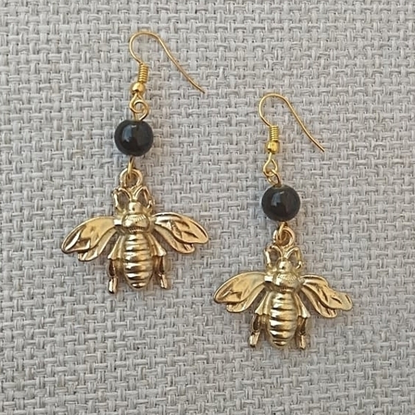 σκουλαρίκια χρυσές μέλισσες - γυαλί, επιχρυσωμένα, μικρά, κρεμαστά, faux bijoux, φθηνά - 3