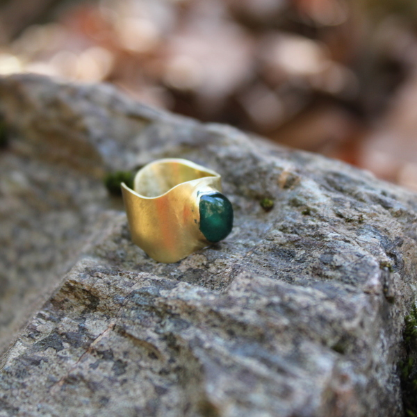 Δαχτυλίδι με βαθύ πράσινο υγρό γυαλί - γυαλί, chevalier, ορείχαλκος, boho, αυξομειούμενα - 3