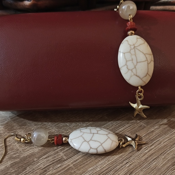 Σκουλαρίκια με ημιπολύτιμες πέτρες και αστερία. - μακριά, αστερίας, κρεμαστά, πέρλες, faux bijoux - 2