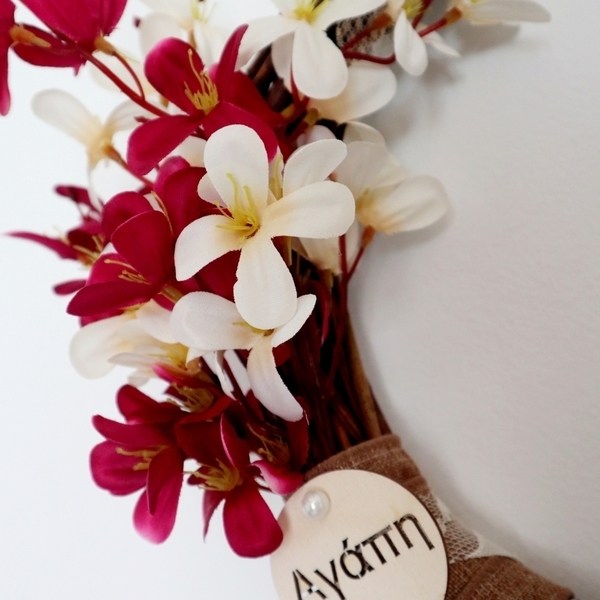 Ξύλινο στεφάνι με λουλούδια και δαντέλα - στεφάνια - 2