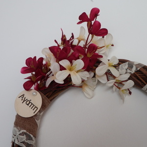 Ξύλινο στεφάνι με λουλούδια και δαντέλα - στεφάνια - 4