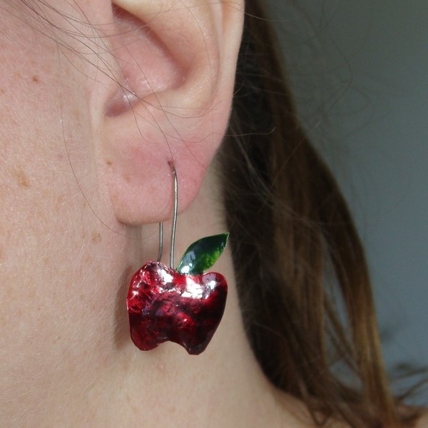 Σκουλαρίκια σφυρήλατα κόκκινα μήλα - ορείχαλκος, δώρο, μικρά, κρεμαστά - 4