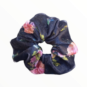 scrunchie floral black - ύφασμα, βελούδο, λαστιχάκια μαλλιών