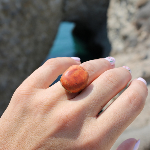 Δαχτυλίδι με πορτοκαλί βότσαλο - ορείχαλκος, μεγάλα, βότσαλα - 4