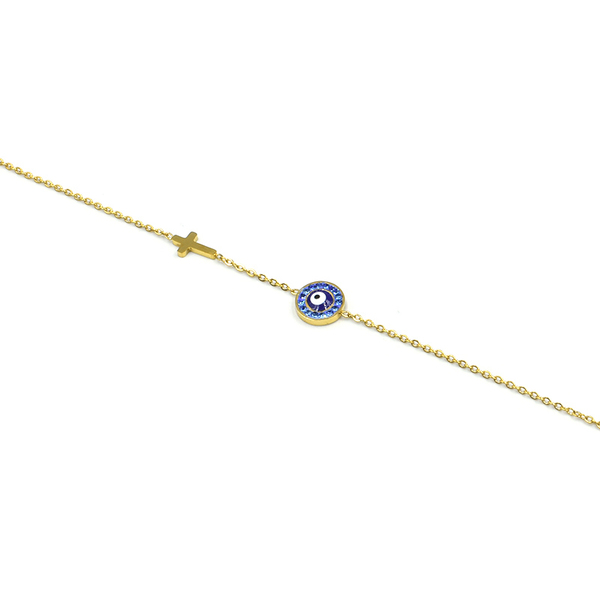 Charms Gold – Blue Βραχιόλι από Ανοξείδωτο Ατσάλι με Σταυρό και Ματάκι - αλυσίδες, σταυρός, μάτι, ατσάλι, αυξομειούμενα