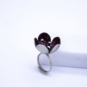 "Dark Red Poppy" Ring, Boho & Hippie Style Jewelry - μεγάλα, αυξομειούμενα, ασήμι