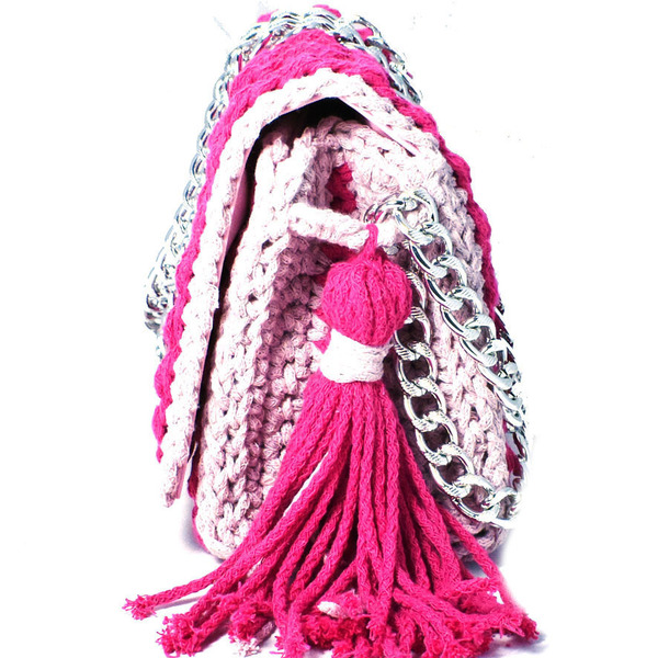 Πλεκτή τσάντα βαμβακερή ροζ (20*18*11)εκ - νήμα, ώμου, πλεκτές τσάντες