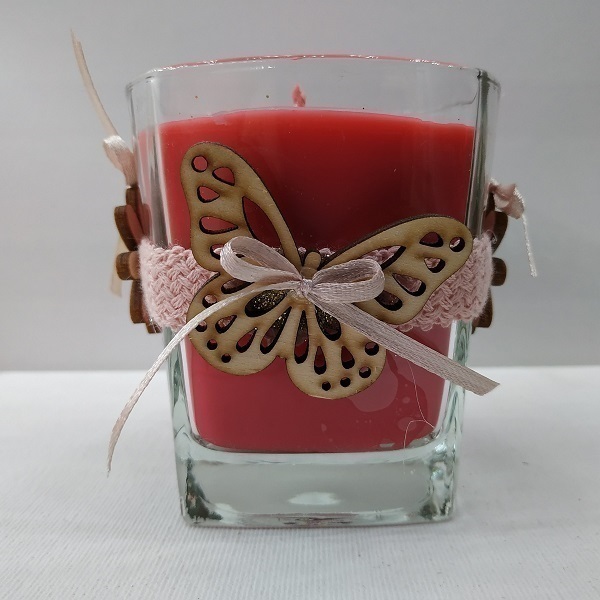 Χειροποίητο Κερί Ανοιξιάτικη πεταλούδα κόκκινο σε γυάλινο ποτήρι 8 χ 8 εκ - κερί, αρωματικά κεριά, διακόσμηση σαλονιού