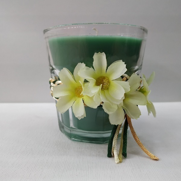 Χειροποίητο αρωματικό κερί Πράσινο γιασεμί σε γυάλινο ποτήρι 8Χ8 εκ - διακόσμηση, αρωματικά κεριά