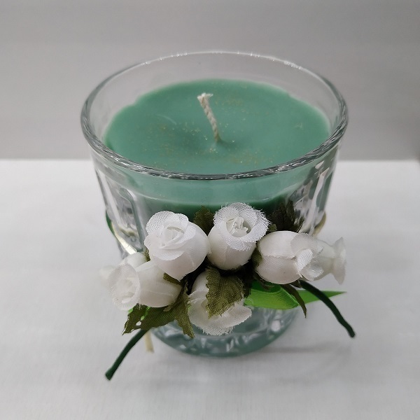 Κερί πράσινο Χειροποίητο Γιασεμί με τριαντάφυλλα σε γυάλινο ποτήρι 8 Χ 9 εκ - αρωματικά κεριά - 4